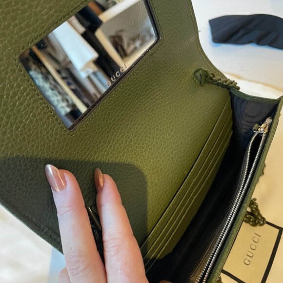 GUCCI Calfskin Enamel Monochrome Mini GG Marmont Chain Wallet Military Wood - Picture 6 of 7